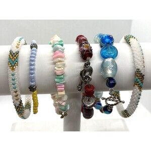 Vintage Lot of 6 Beaded Bracelet Art Glass‎ Seed Bead Shell Flower Heart Stretch